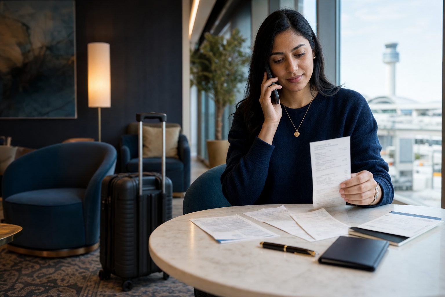 Traveller near Toronto Pearson organizing receipts while calling travel insurance assistance